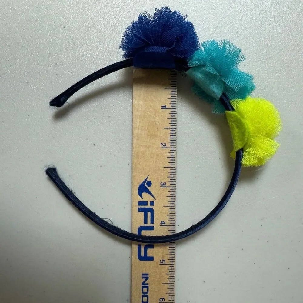 Girls Headband Navy Tulle PomPom Blue Turquoise Yellow Playful Statement Fun